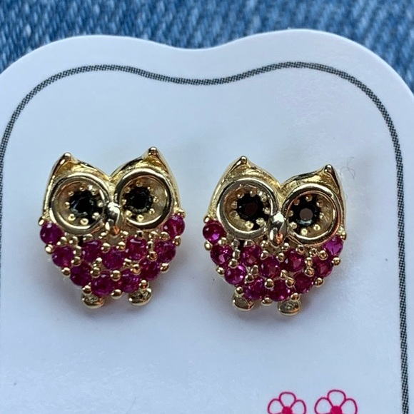 14k gold plated Red Owl CZ Girls Earrings - Picture 4 of 7